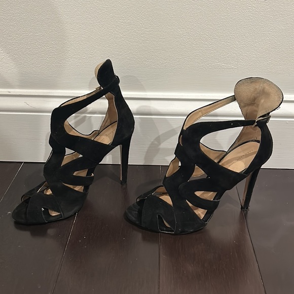 Zara Suede Black Open Toe Heels Size 7 - Picture 3 of 8